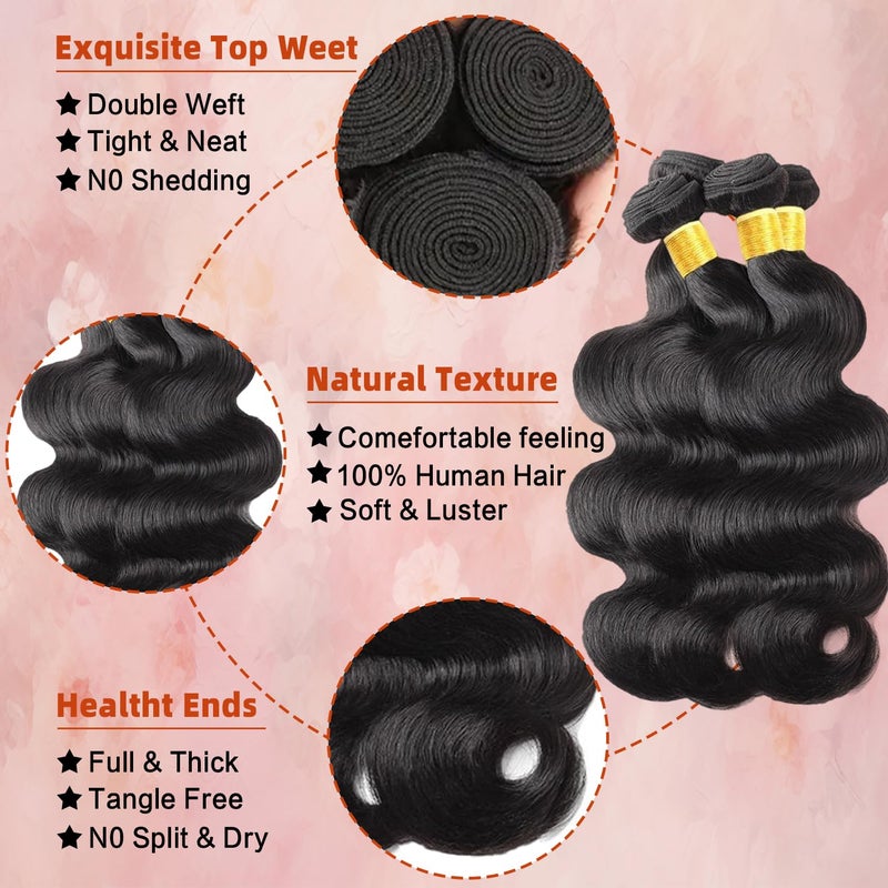 Aiterina Body Wave Bundles Human Hair 100% Unprocessed Brazilian Virgin Hair 3 Bundles 16 18 20 Inch Human Hair Bundles for Black Women Natural Color Human Hair Bundles - Image 3